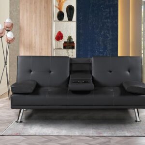 West Home Three Seat PVC Sofa bed With Cup Holder Color Black WH-S206