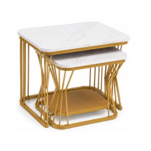 Lopez Premium Marble Top Nesting Side Table Set with Gold Frame