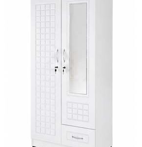 Lopez Premium White Wooden Two Door  Wardrobe with Mirror & Drawer